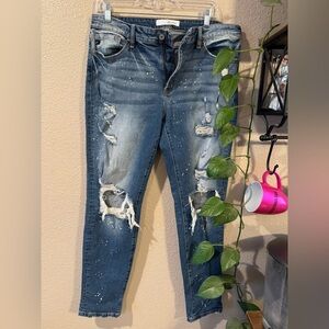 Kancan Skinny Jeans Womens Blue Estilo Medium Wash Mid-Rise Distressed Spots